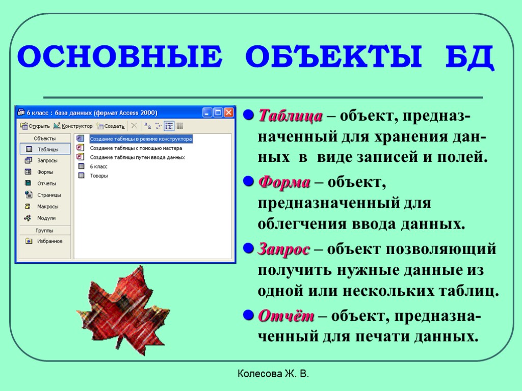 Колесова Ж. В. ОСНОВНЫЕ ОБЪЕКТЫ БД Таблица – объект, предназ-наченный для хранения дан-ных в